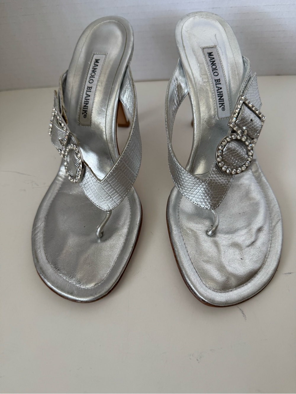 Manolo Blahnik Silver Metallic Thong Sandals with Rhinestone Buckles